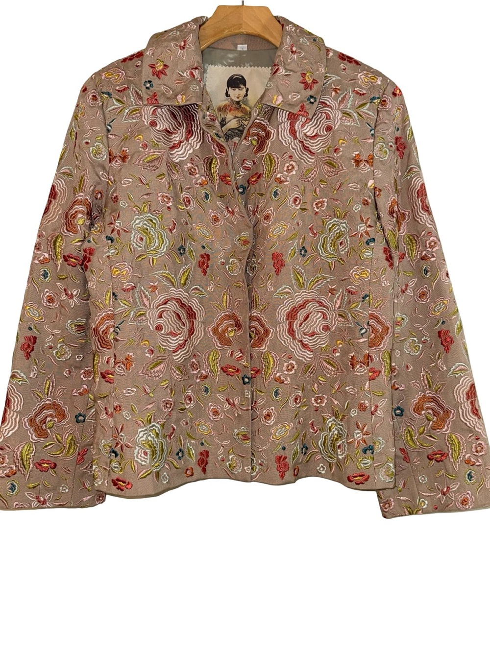 Biya Johnny Was Women’s Size M Tan Pink Silk Embroidered Floral Blazer Jacket